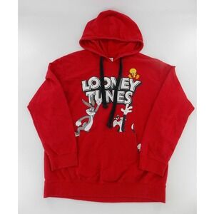 Looney Tunes Hoodie Unisex Large L 11-13 Red Good Vintage Bugs Bunny Tweety Bird